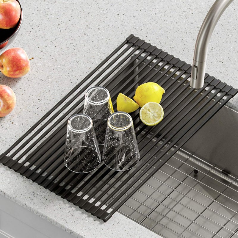 Kraus Multipurpose Over-Sink Roll-Up Dish Drying Rack, Colander and Trivet in Black, KRM-10BLACK - Image 2